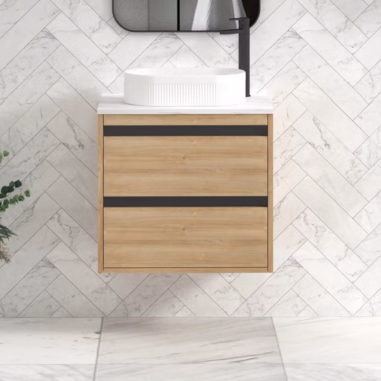 Royal Bathrooms Orion 800mm Natural Oak Wall Hung 2 Drawer Vanity Unit with Lyon Basin and Black Accent Trim