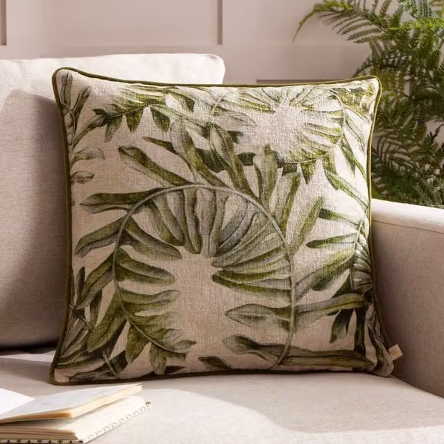 Wylder Nature Kielder Forest Sherwood Chenille Piped Square Cushion in Beige and Green, W/D/H: 43 x 43 x 43 cm