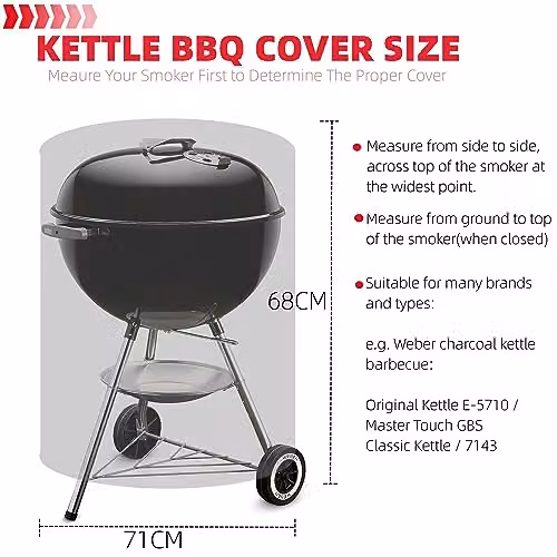 LATKRUU Waterproof Round Kettle BBQ Cover for Gas and Charcoal Grills, Black, W: 71 cm, D: 68 cm – 2