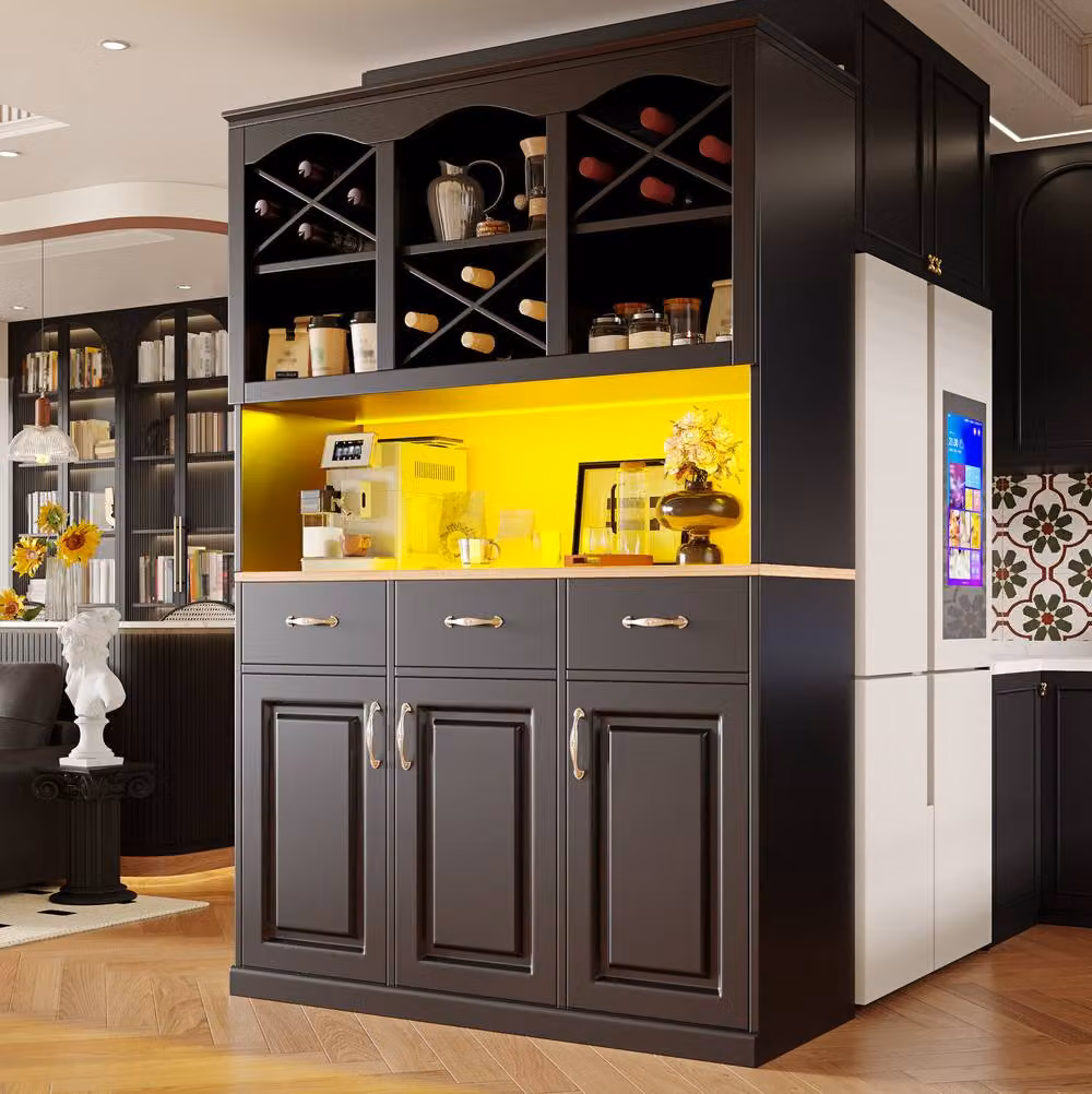 STILVORA Black Matt Tall Kitchen Cabinet with 3 Drawers, Hinged Doors and Integrated Lighting – 2