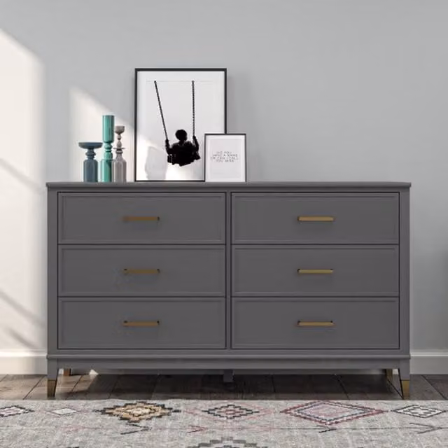 Westerleigh 6 Drawer Dresser in Grey with Gold Accents
