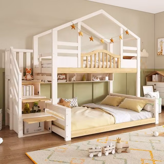 Rolipo Solid Wood Kids House Bunk Bed with Staircase Storage in White – 1