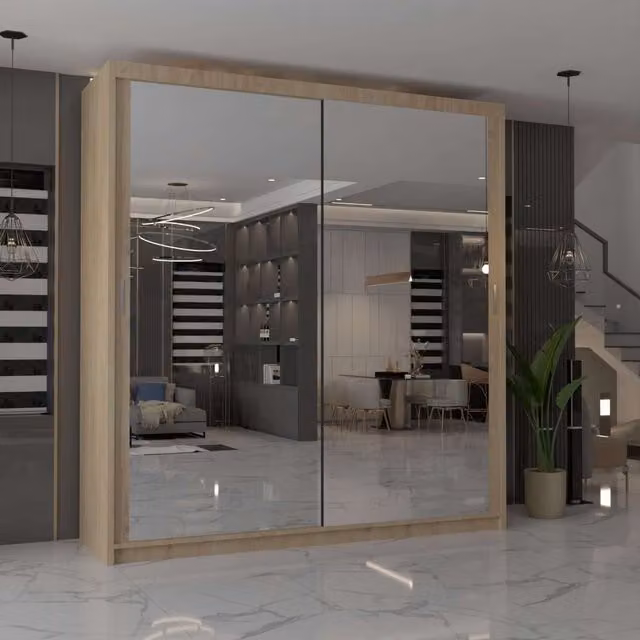 MN Furniture Cuba Sliding Mirror Wardrobe with Integrated LED Lighting in Light Oak, W: 150 cm, H: 217 cm