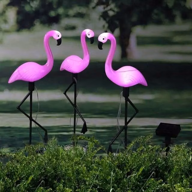 VOGREX 3-Piece Pink LED Solar Flamingo Garden Lights with Dusk Sensor