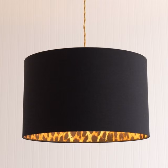 ValueLights Oasis Large Leopard Print Fabric Cylinder Ceiling Drum Lamp Shade and LED Bulb in Black