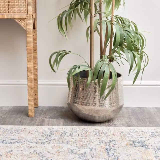Melody Maison Large Round Silver Patterned Metal Planter, W: 32 cm, H: 27.5 cm
