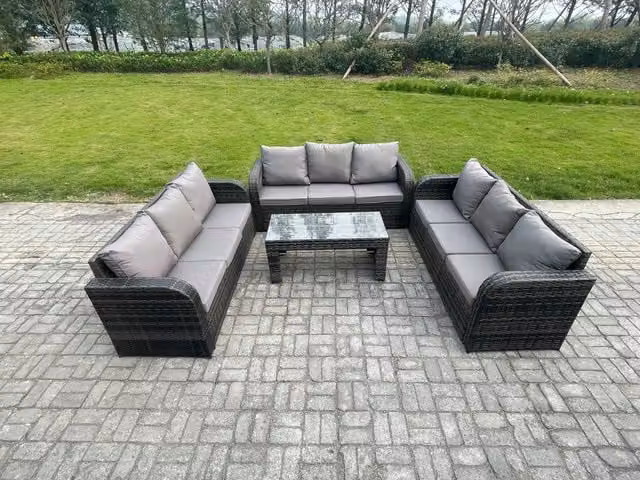 Fimous 9 Seater Rattan Garden Furniture Set with Rectangular Coffee Table and 3 Seater Sofa in Dark Grey Mixed