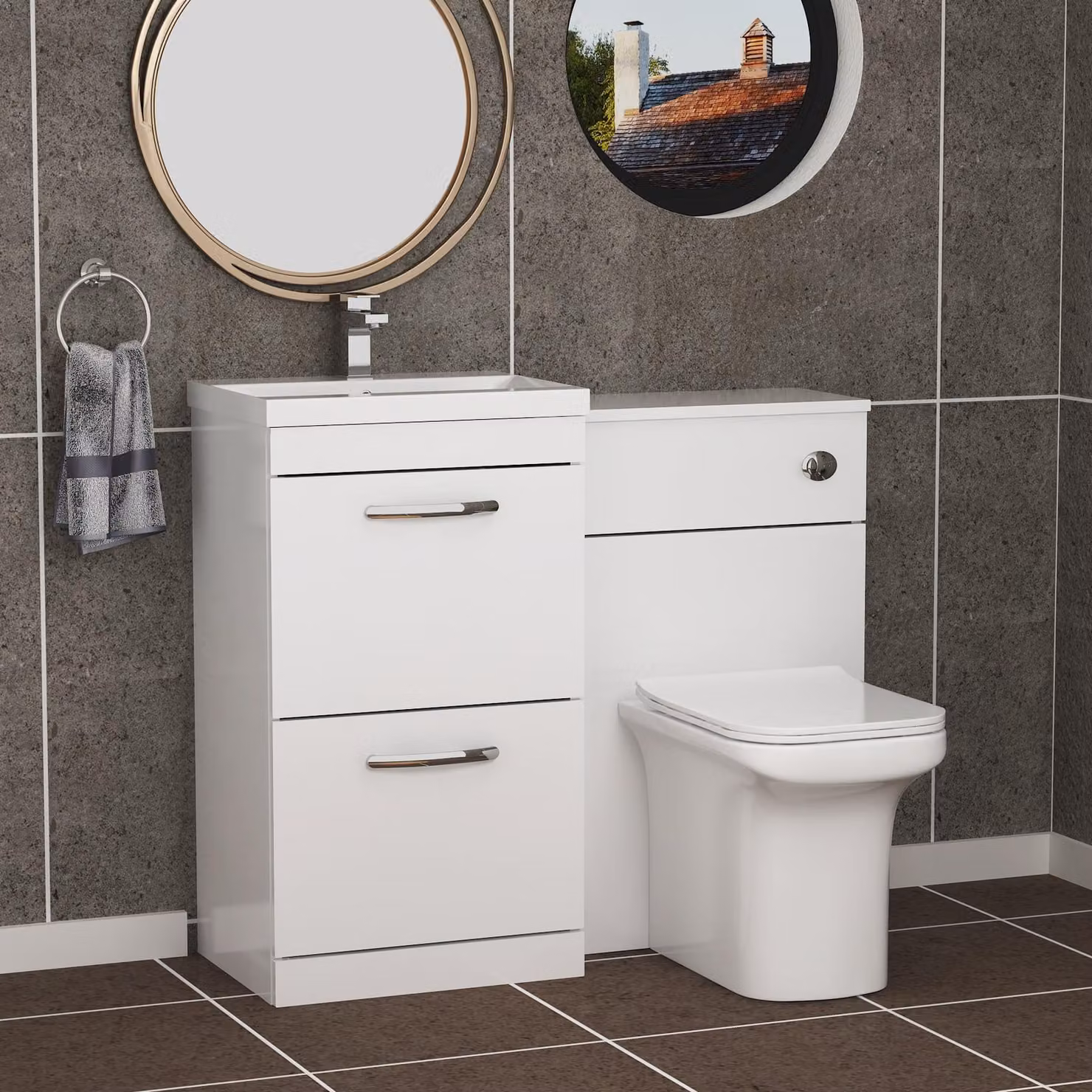 Royal Bathrooms Turin 1000mm Gloss White 2-Drawer Mid-Edge Basin and Crosby Back to Wall Toilet Pack
