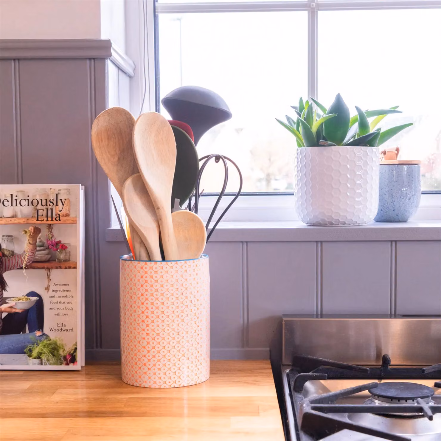 Nicola Spring Hand-Printed Ceramic Kitchen Utensil Holder, Orange, 1 Litre – 3