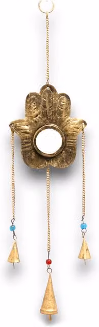 KDMK Indian Chimes Hamsa Small Mirror with 3 Bells in Gold