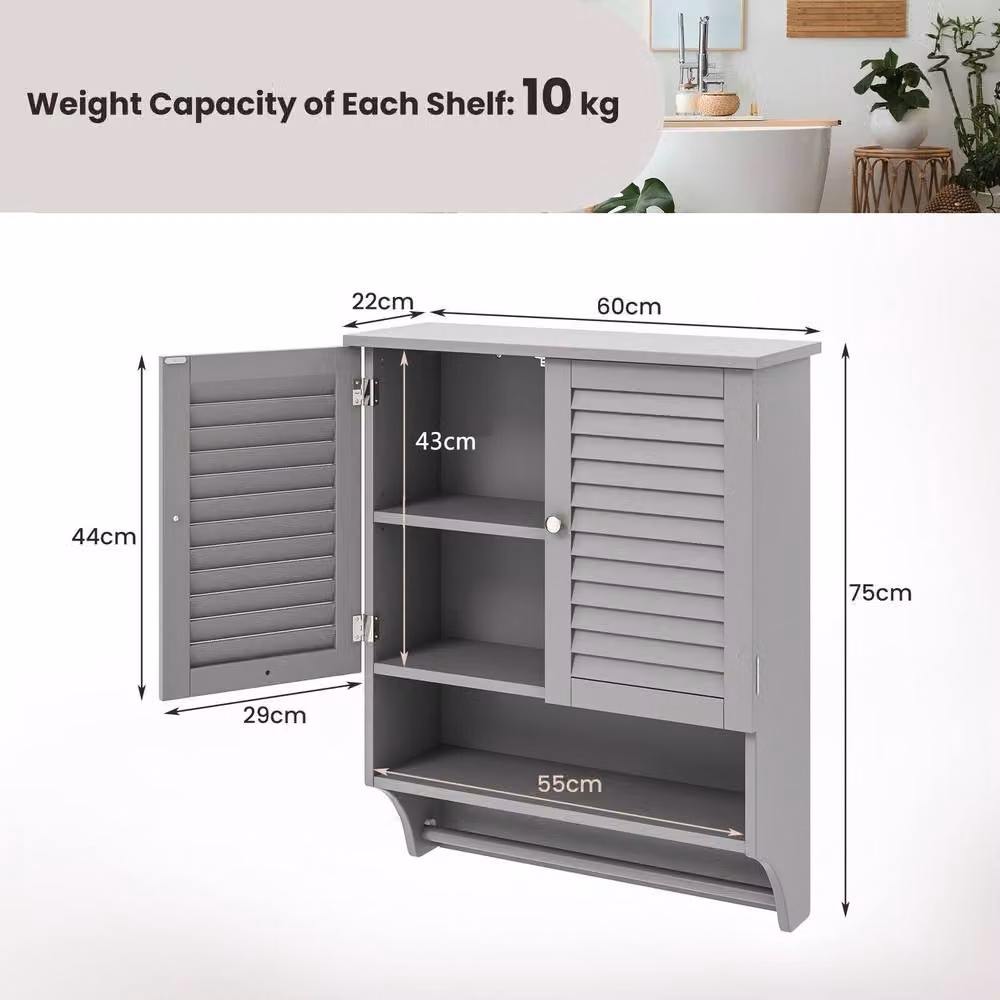 Costway Grey Wall Mounted Wooden Bathroom and Kitchen Medicine Cabinet with 2 Hinged Doors and Internal Shelves – 2