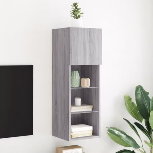 vidaXL Wall Mounted TV Cabinet in Grey with Integrated Lighting and Internal Shelves – 2