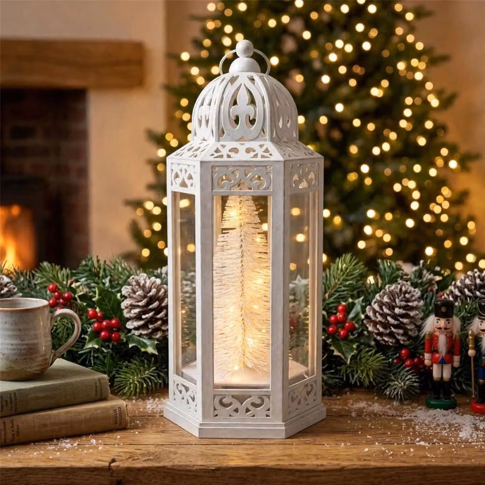 Shatchi White Hexagonal Vintage LED Christmas Tabletop Lantern, Height: 30 cm – 6