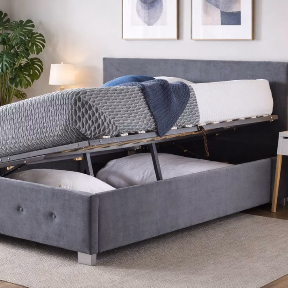 Aspire Richmond Grey Velvet Upholstered Ottoman Storage Bed Frame with Lift Up Base, W/D/H: 90 x 200 cm – 2