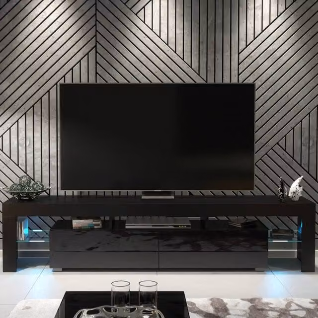 Creative Furniture Nova Black Glossy TV Unit with LED Lights W/D/H: 200 x 45 x 35 cm