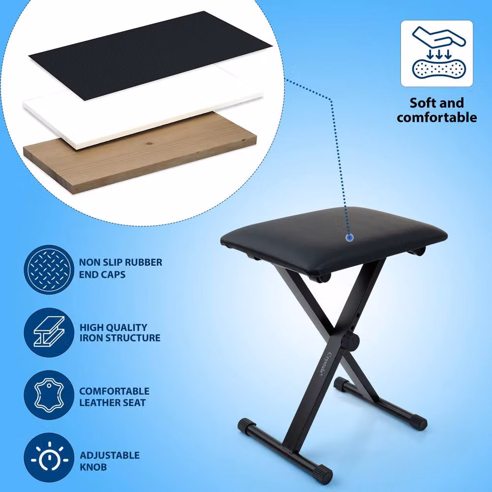 Crystals Black Padded Piano Stool with Synthetic Leather Cylindrical Seat and Metal Frame – 5