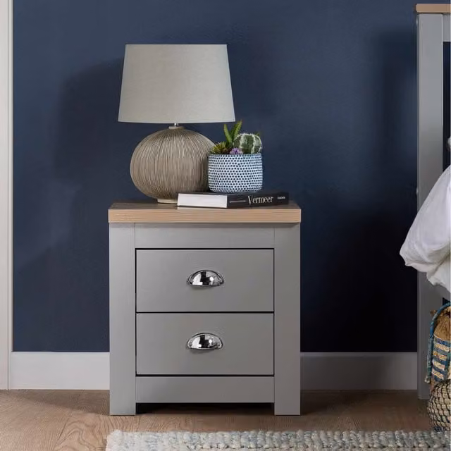 Birlea Highgate 2 Drawer Bedside Table in Grey and Oak