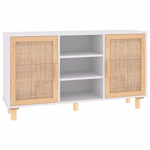 vidaXL Scandinavian Sideboard in White, Solid Pine and Natural Rattan, W/D/H: 105 x 30 x 60 cm – 1