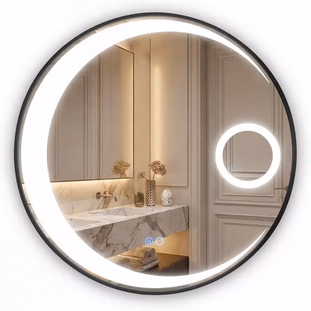 Costway Round LED Wall-Mounted Smart Sensor Mirror with Dimmable Touch Control in Black or White, Diameter: 61 cm