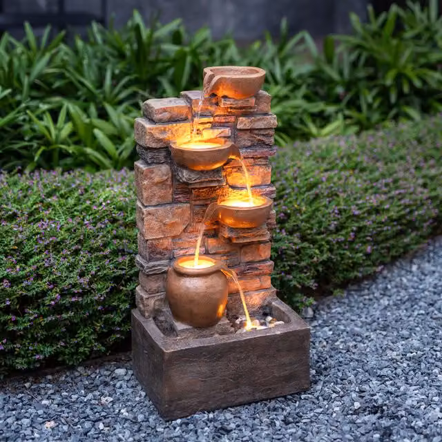 Teamson Home 4-Tier Cascading LED Outdoor Stone Fountain in Brown