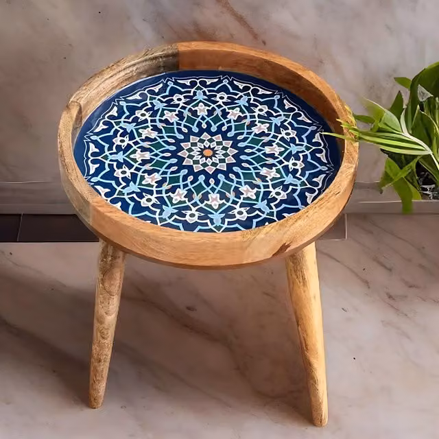 Hartsmede Marrakesh Round Mango Wood Side Table in Blue with Glossy Enamel Top, Diameter: 35.5 cm, Height: 47 cm – 1