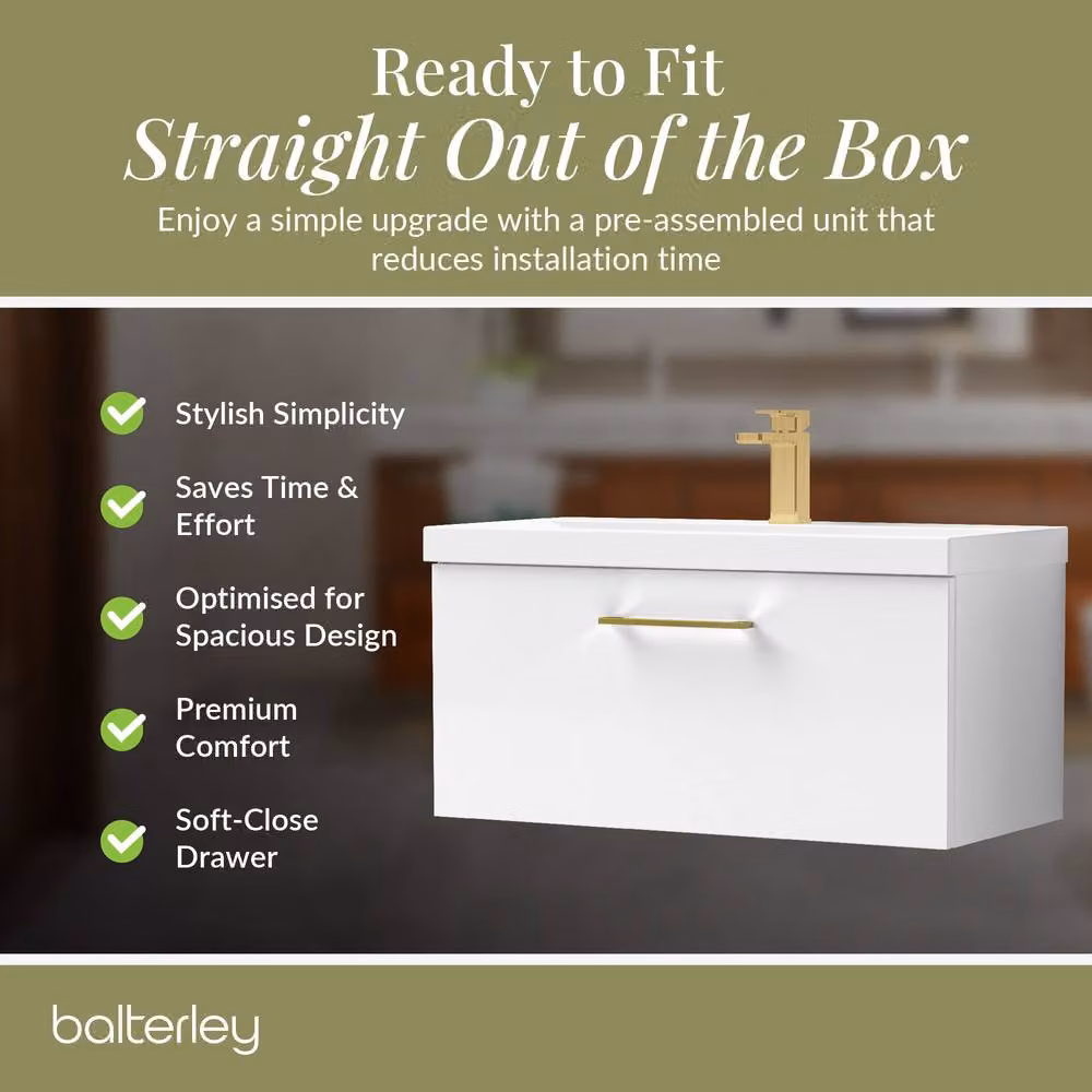 Balterley Gloss White Wall Hung 1 Drawer Vanity Basin Unit with Brass Handle – 4