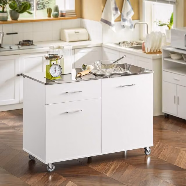 SoBuy Mobile Kitchen Island with Stainless Steel Top in White