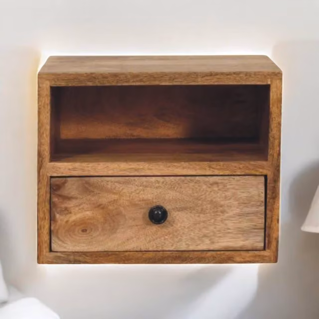 Artisan Furniture Solis Rustic Mango Wood Wall Mounted 1-Drawer Nightstand in Brown