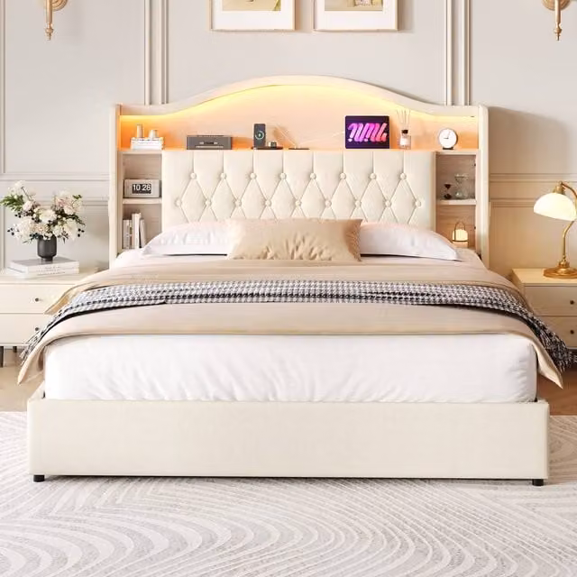 Merax King Size Upholstered Bed Frame with Storage, LED Tufted Headboard and USB Charging Port, Beige, W/D/H: 150 x 200 x 157 cm