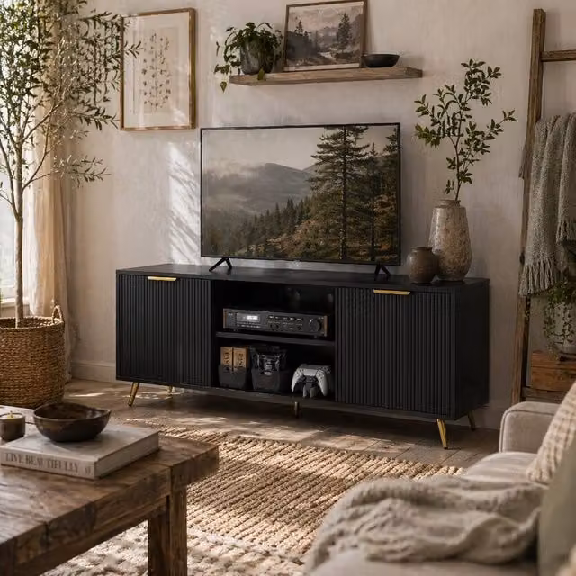 Wyld Haus Ellini Black Wood TV Stand with 2 Open Shelves and 2 Doors, Fits up to 55 inch, W: 120 cm