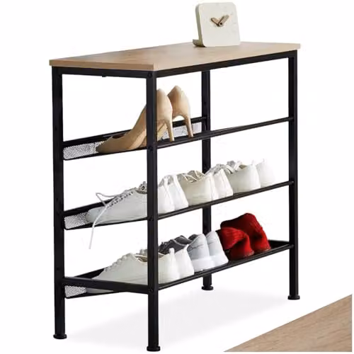 tectake 4-Tier Shoe Rack with Adjustable Shelves and Black Metal Frame in Oak, W/D/H: 75.5 x 30.5 x 69.5 cm – 1