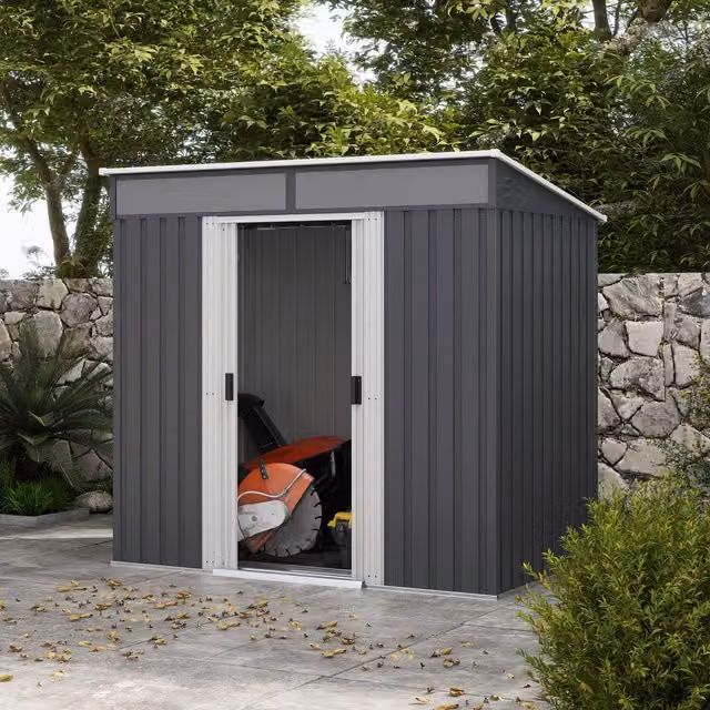 Outsunny Metal Garden Tool Storage Shed with Foundation and Window, Charcoal Grey