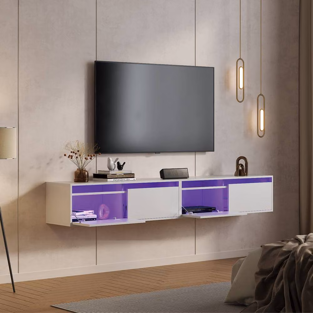 KEEPREAPER Set of 2 Floating TV Stands for 55-85 inch TVs with 2 Flip-Down Doors and LED Lighting in White – 4