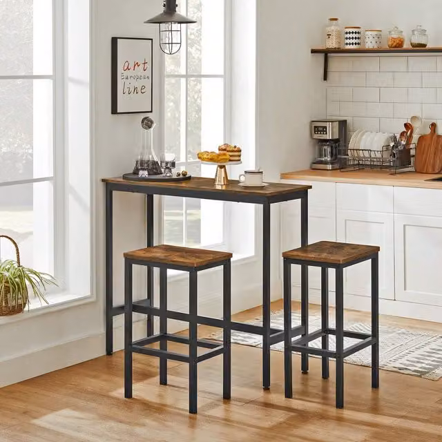 VASAGLE Rustic Bar Table and 2 Stools Dining Set in Bronze, Brown and Black
