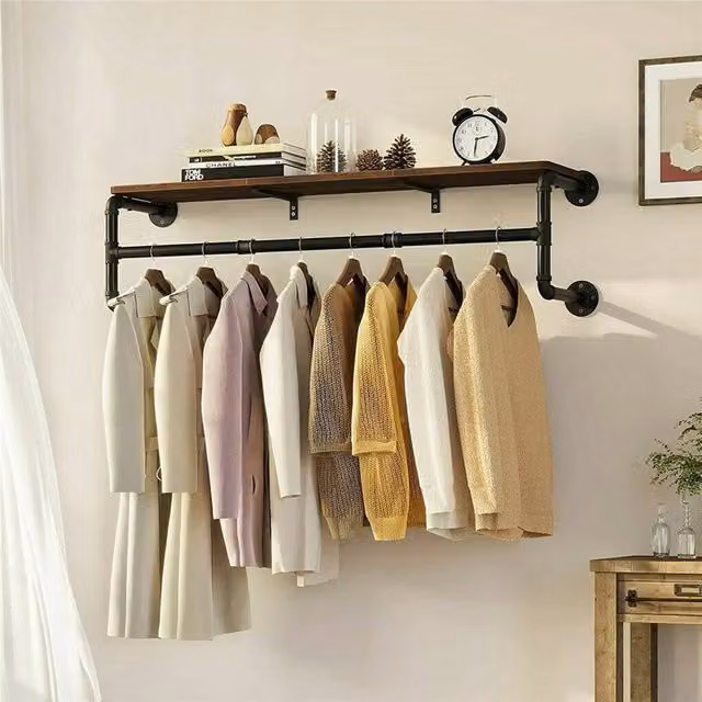 Havendro Industrial Metal Pipe Clothes Rack with MDF Wooden Shelf in Black and Brown – 1