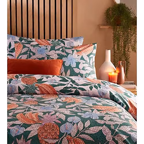 Riva Home Cypressa Reversible Floral Mosaic Duvet Cover and Pillowcase Set in Green, White and Multicolour, W: 180 cm, H: 200 cm – 2
