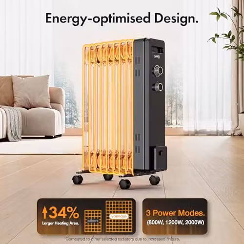 VonHaus 2000W Oil Filled Radiator, Black Freestanding Electric Heater with Adjustable Thermostat and Overheat Protection – 2