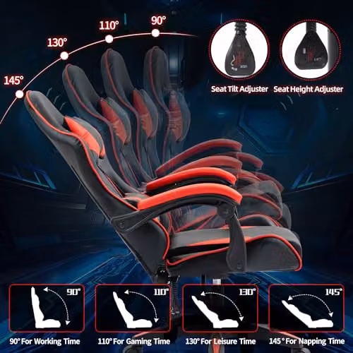 Home Treats Red and Black Gaming Chair with PU Leather Racing Bucket Seat, Adjustable Height, Lumbar Support and Headrest – 3