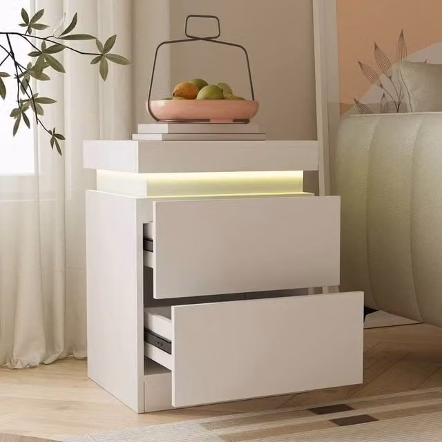 EONLION Modern White LED Bedside Table with 2 Drawers and Integrated Lighting, W: 100 cm x D: 60 cm x H: 3 cm