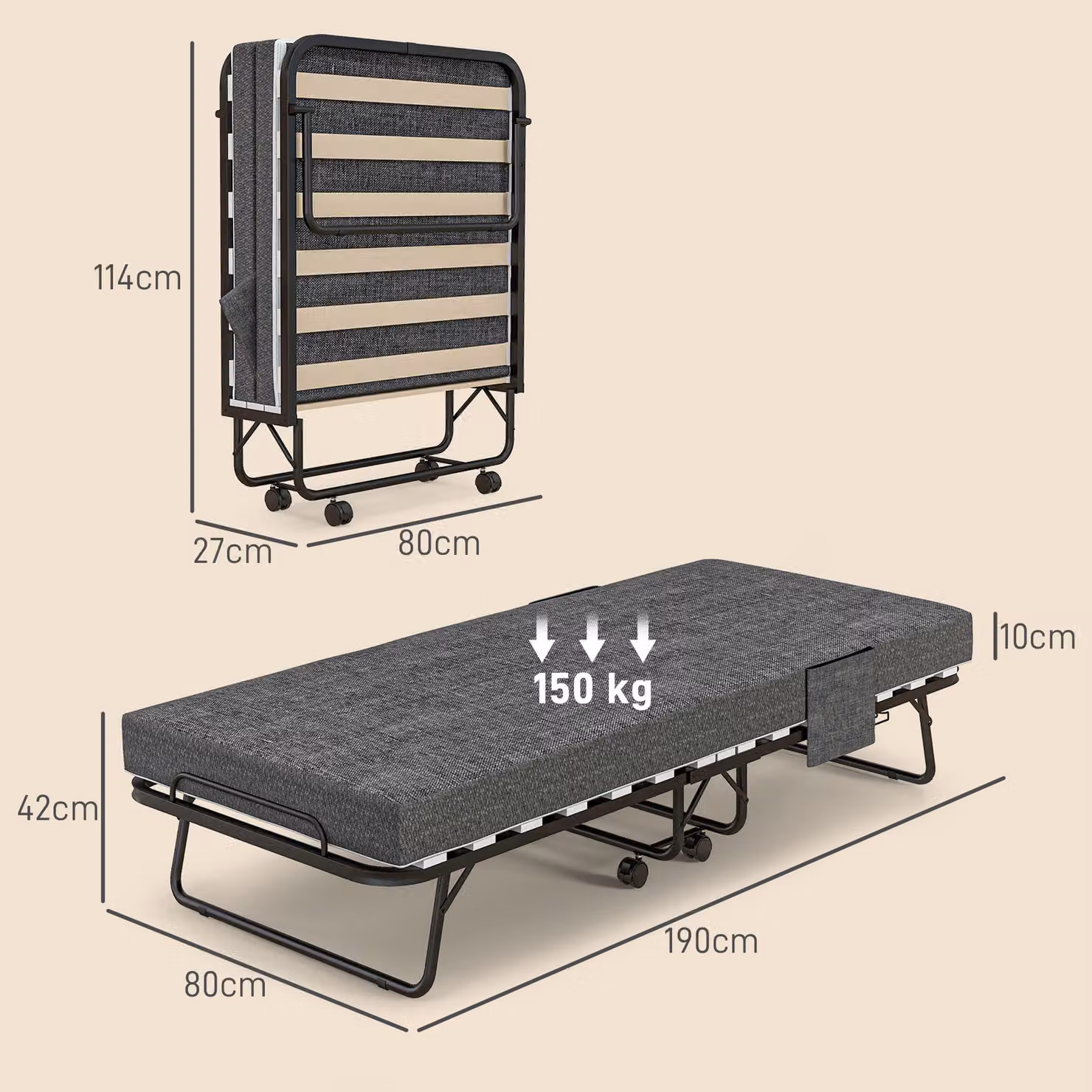 HOMCOM Folding Single Guest Bed with 10cm Foam Mattress on Wheels, Dark Grey, W/D/H: 80 x 190 x 10 cm – 3