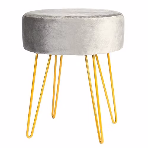 Harbour Housewares Round Velvet Footstool in Grey with Gold Legs, H41 x D45 cm