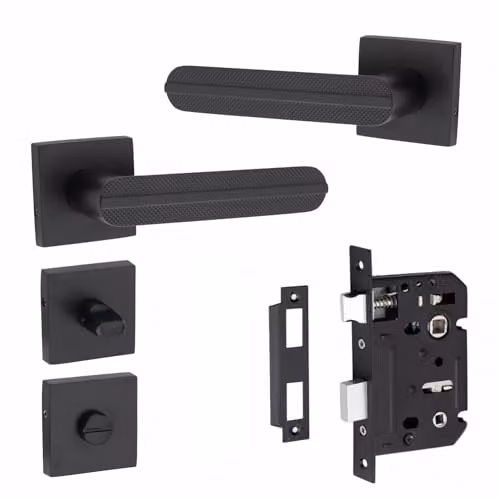 Golden Grace Matt Black Square Rose Bathroom Door Handle Set