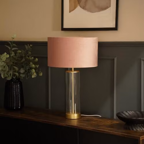 ValueLights Balan Glass and Gold Metal Table Lamp with Dusty Pink Velvet Drum Shade – 2