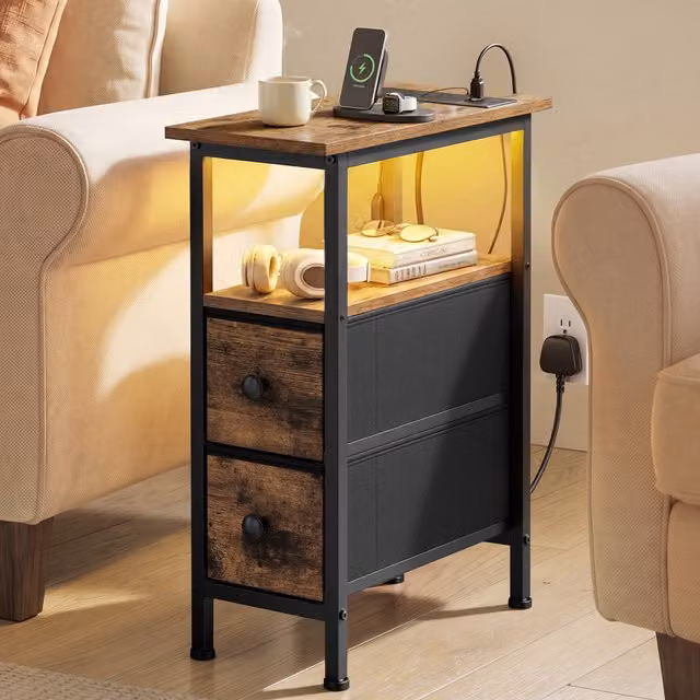 SONGMICS Modern Brown Side End Table with Charging Station and LED Lighting