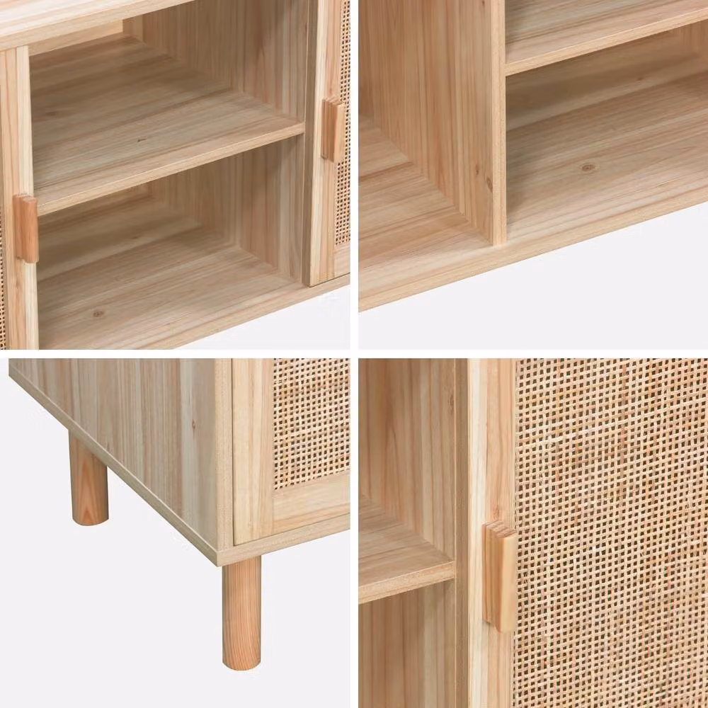 Sweekeet Scandinavian Style TV Unit with 2 Cane Doors in Light Brown, W: 120 cm, H: 57 cm, D: 39 cm – 3