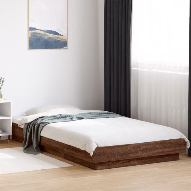 Berkfield Home Modern Bed Frame with LED Under-Bed Lighting and USB Charging Port in Brown Oak, W: 75 cm, L: 190 cm