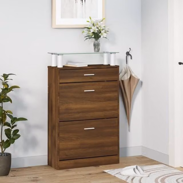 Berkfield Home Brown Oak Shoe Cabinet with Glass Doors and Tilting Compartments W/D/H: 63 x 24 x 104 cm – 1