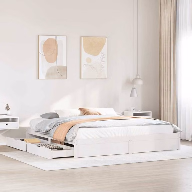 Berkfield Home White Solid Wood Pine Bed Frame W/D/H: 200 x 200 cm