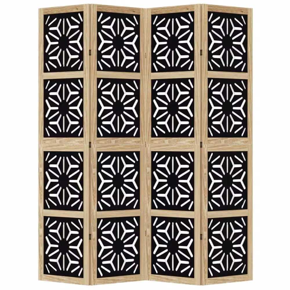 Berkfield Home 4-Panel Geometric Room Divider in Brown and Black Solid Paulownia Wood – 3
