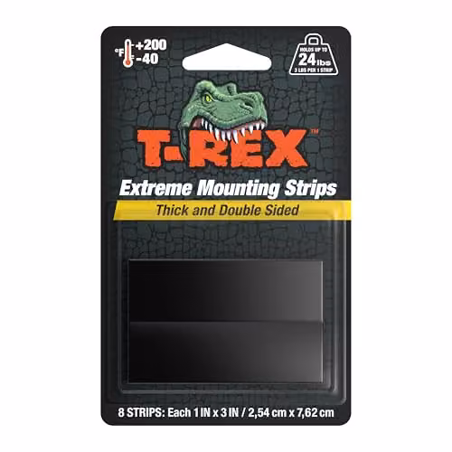 T-REX Tape Extreme Hold Heavy Duty Double Sided Mounting Strips, Black, 8 Strips, W: 2.54 cm x H: 7.62 cm